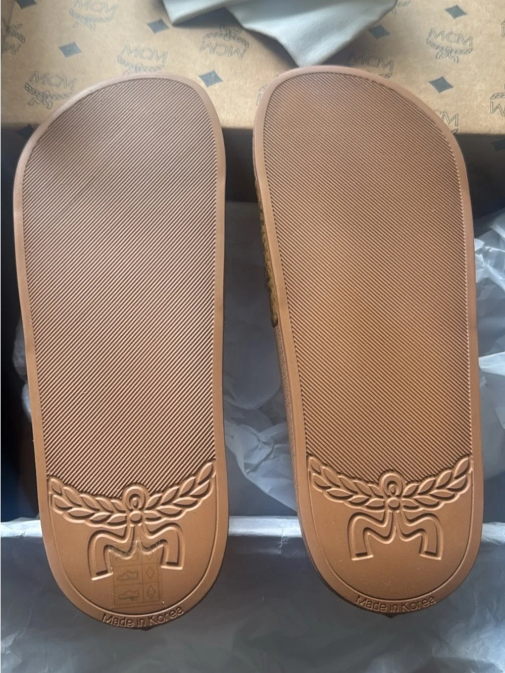 MCM Women’s Cognac Brown Logo-Perforated Slide Sandals